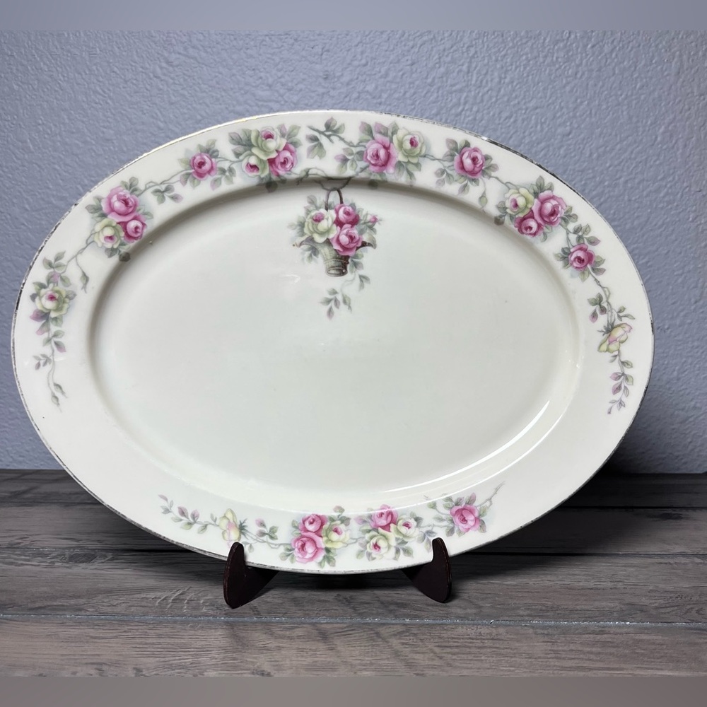 Vtg Heinrich Selb Bavaria 12" Oval‎ Serving Platter Pink Rose Garland Gold Trim